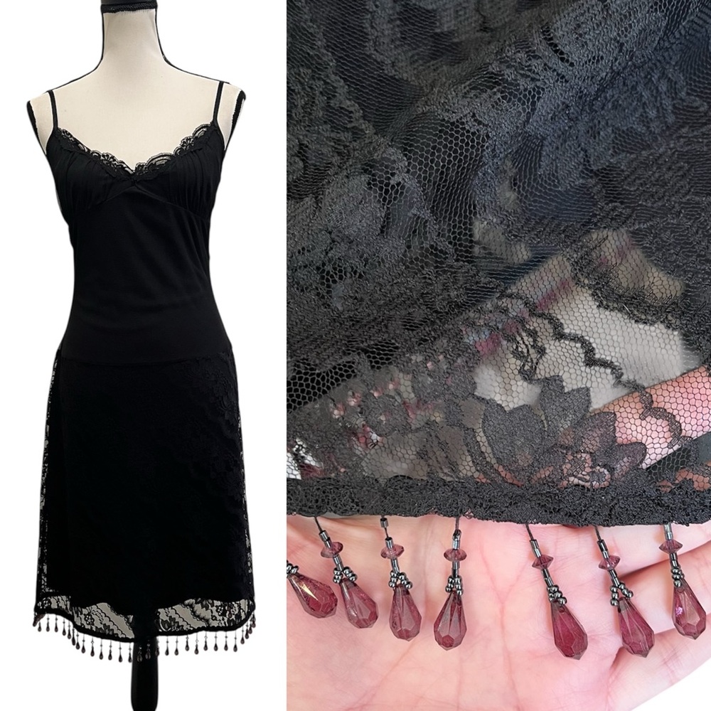 Vintage Betsey Johnson Evening Sheer Mesh & Lace Bead Noisemaker Slip Dress